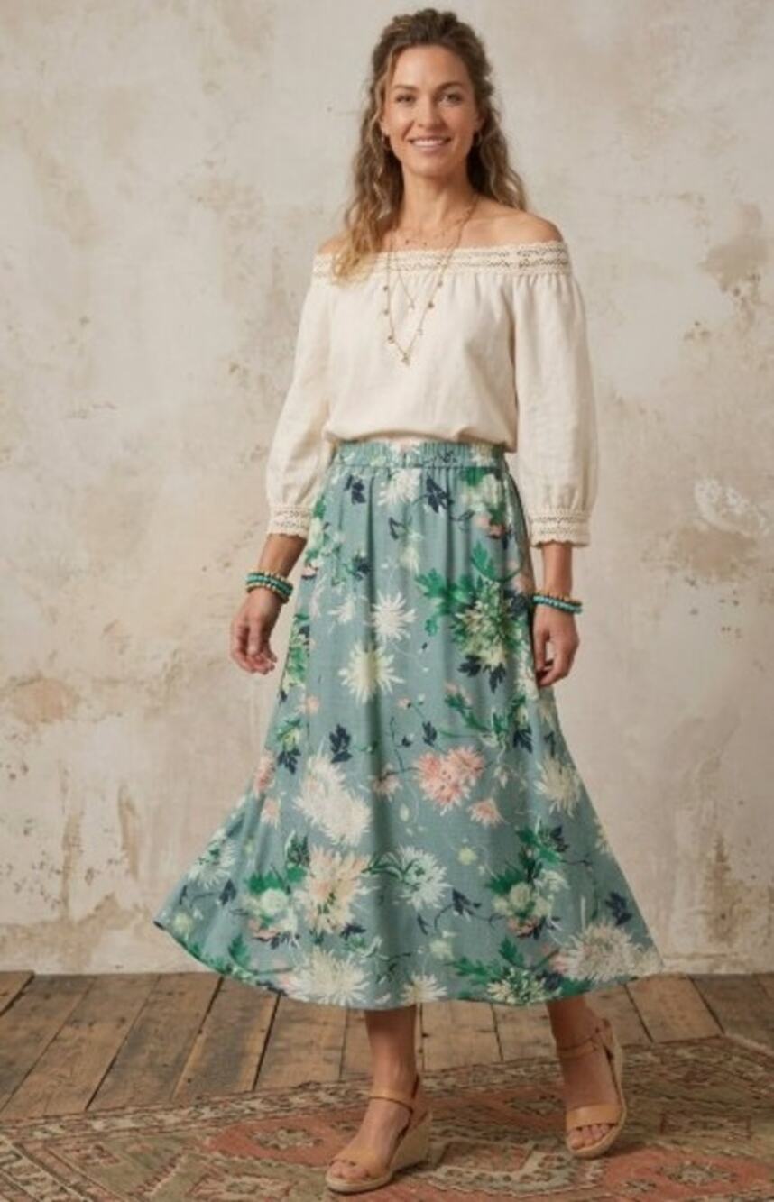 H&M Womens Teal Bohemian Floral Midi Skirt Size Medium